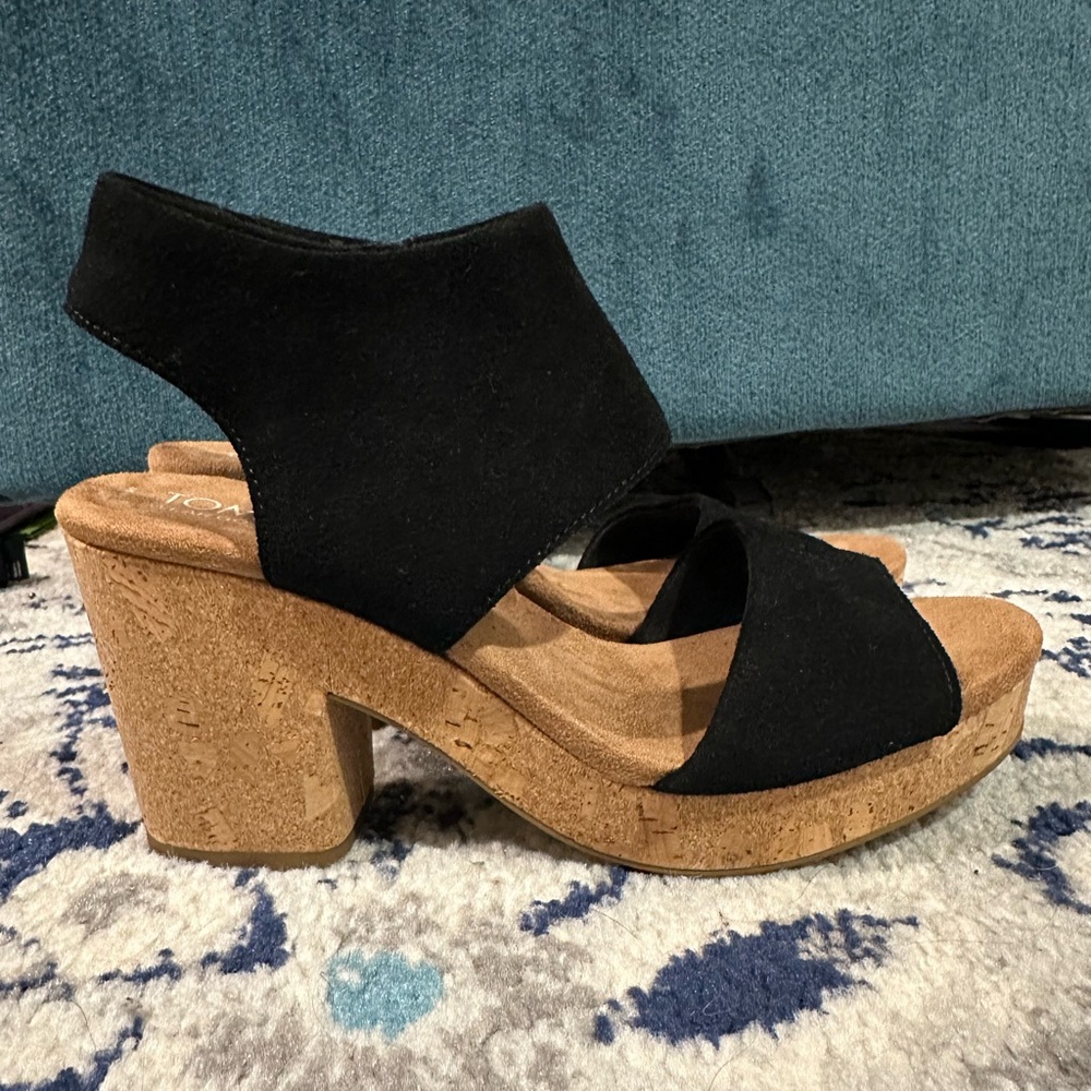 TOMS Majorca Black Suede Platform Cork Sandals - Picture 3 of 13